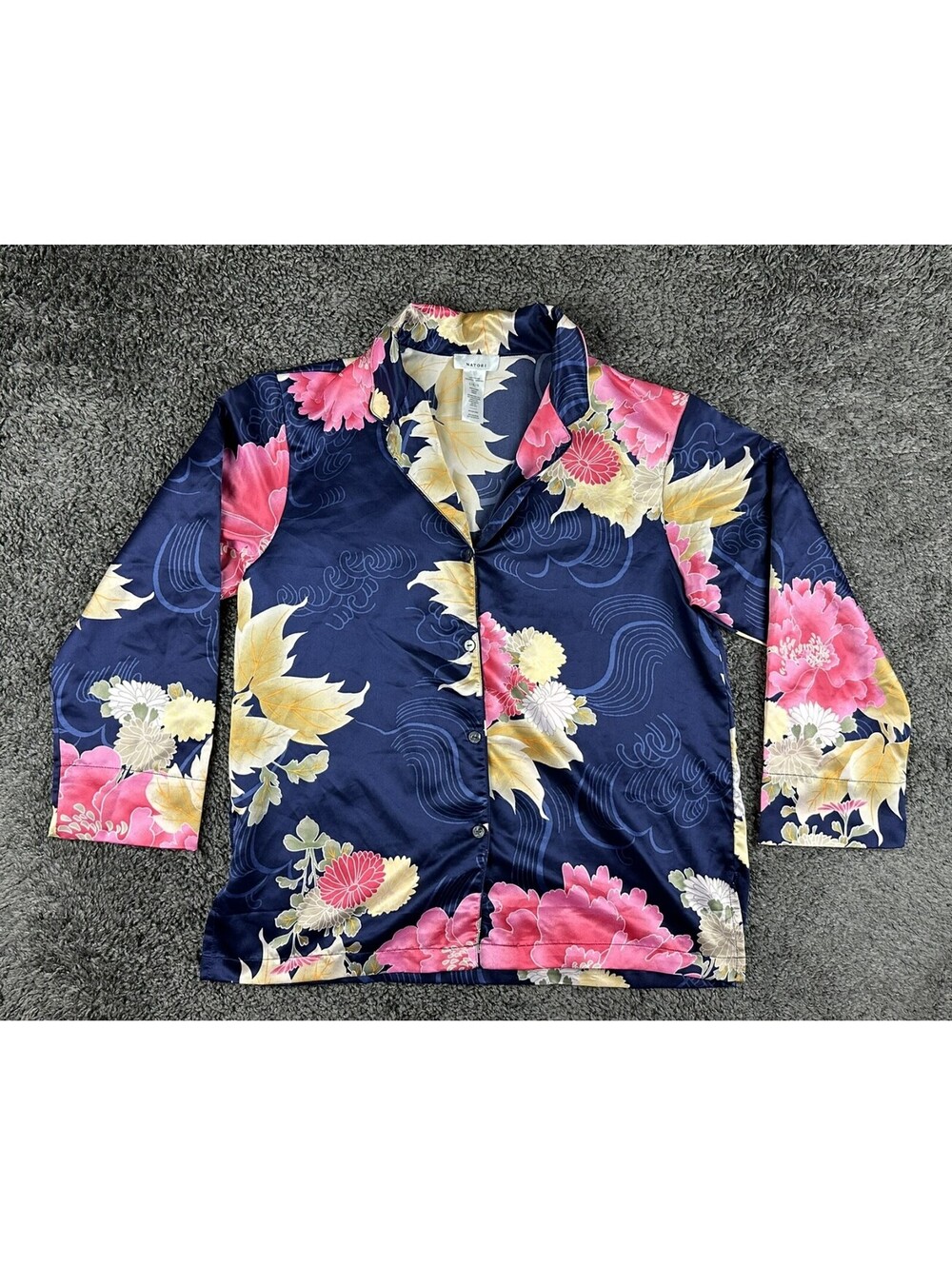Natori Womens L Navy Pink Floral Satin Long Sleeve Button Pajama Top